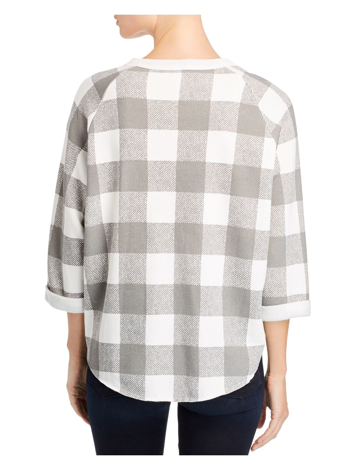 ALTERNATIVE Womens White Check 3/4 Sleeve V Neck Hi-Lo Sweater Size: XS