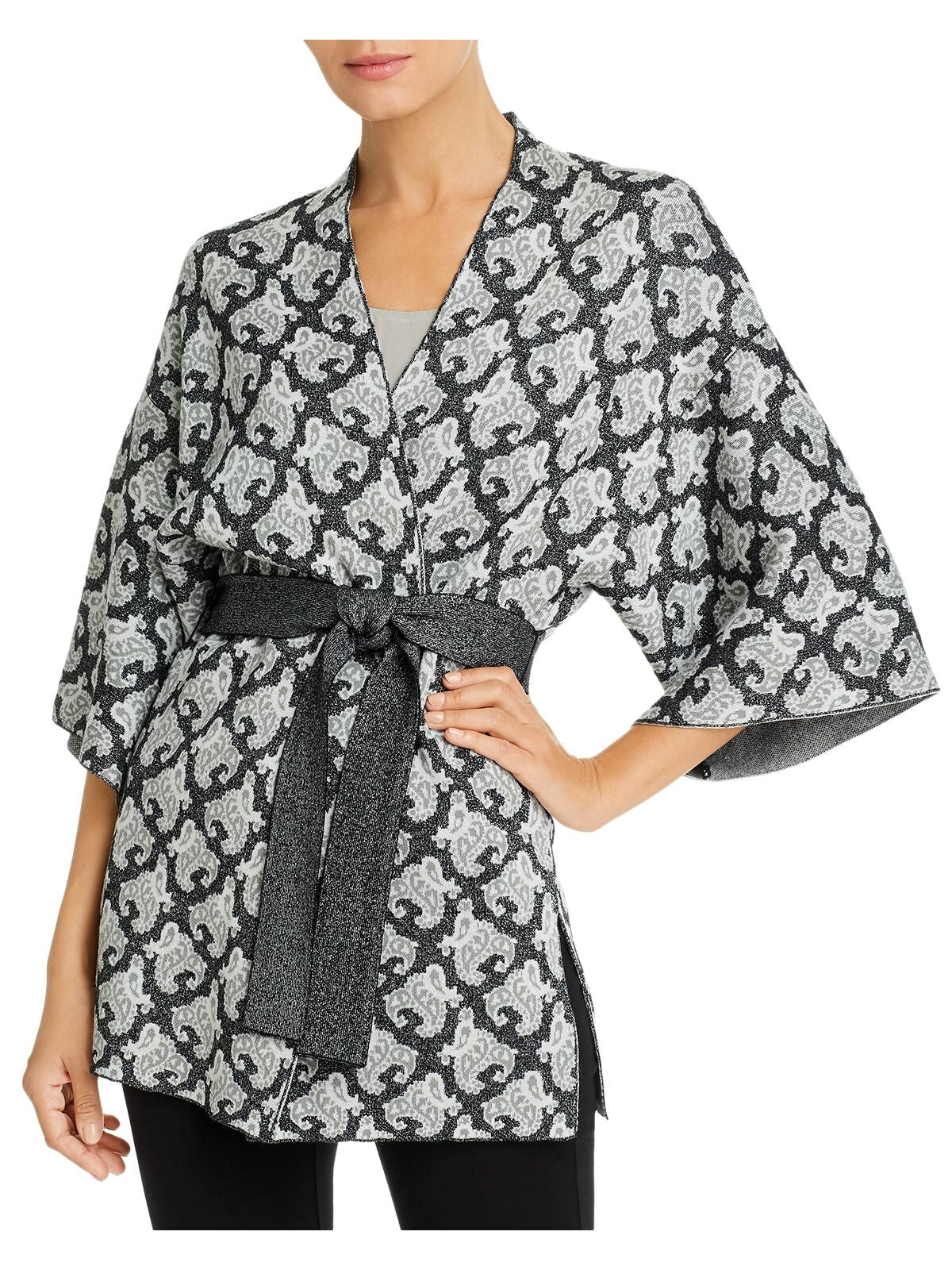 KOBI HALPERIN Womens Gray Belted Metallic Side Slits Wrap Printed Kimono Sleeve Open Front Evening Kimono Sweater XS
