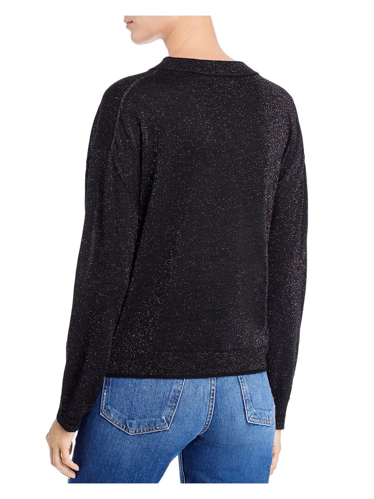 AQUA Womens Black Ribbed Metalic Long Sleeve Crew Neck Sweater Size: M