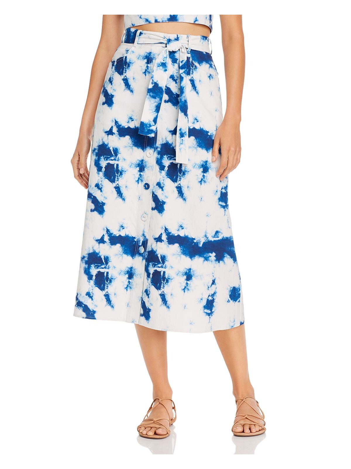 GARY BIGENI Womens Blue Belted Pocketed Tie Dye Midi A-Line Skirt Size: 2