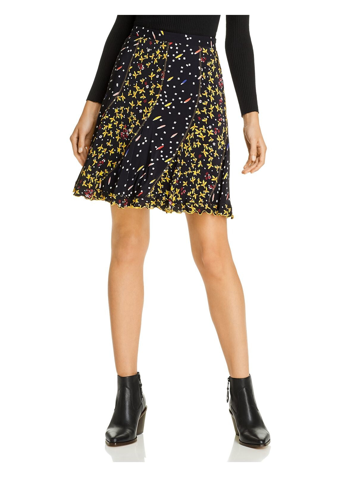 Derek Lam Womens Black Ruffled Zippered Printed Short A-Line Skirt Size: 0