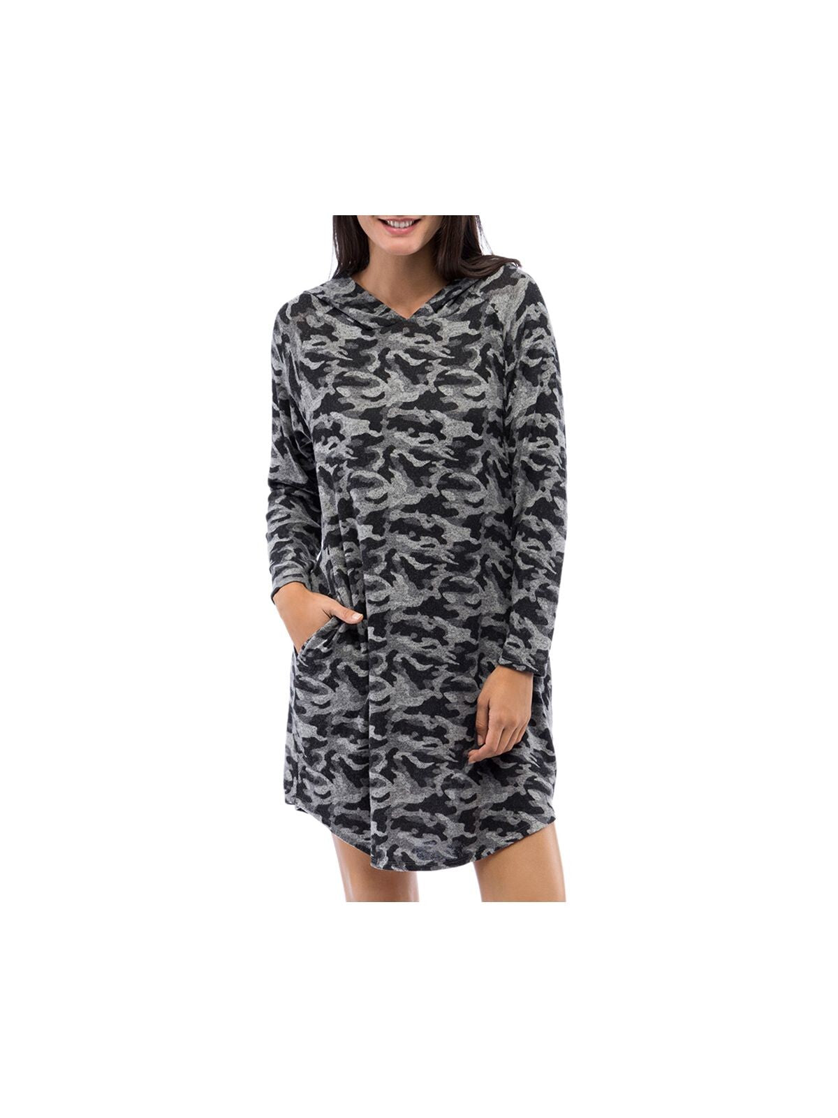 BOBEAU Womens Gray Camouflage Long Sleeve V Neck Short Shift Dress Size: XS