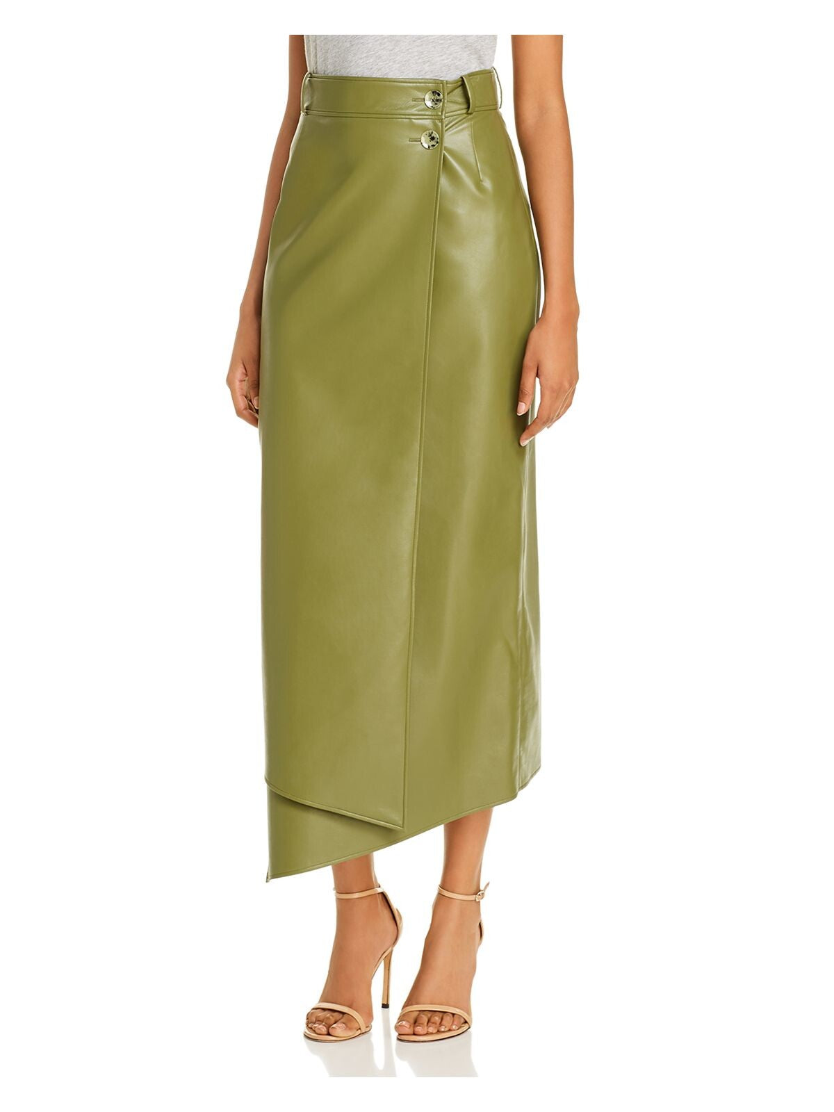 Áeron Womens Green Faux Leather Tea-Length Wrap Evening Skirt Size: 34