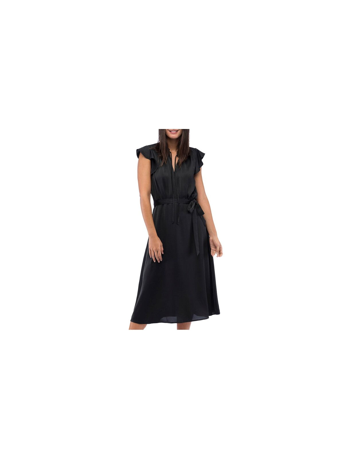 COLLECTION BY BOBEAU Womens Black Ruffled Tie Split V-neck Flutter Sleeve Midi Wear To Work Fit + Flare Dress M