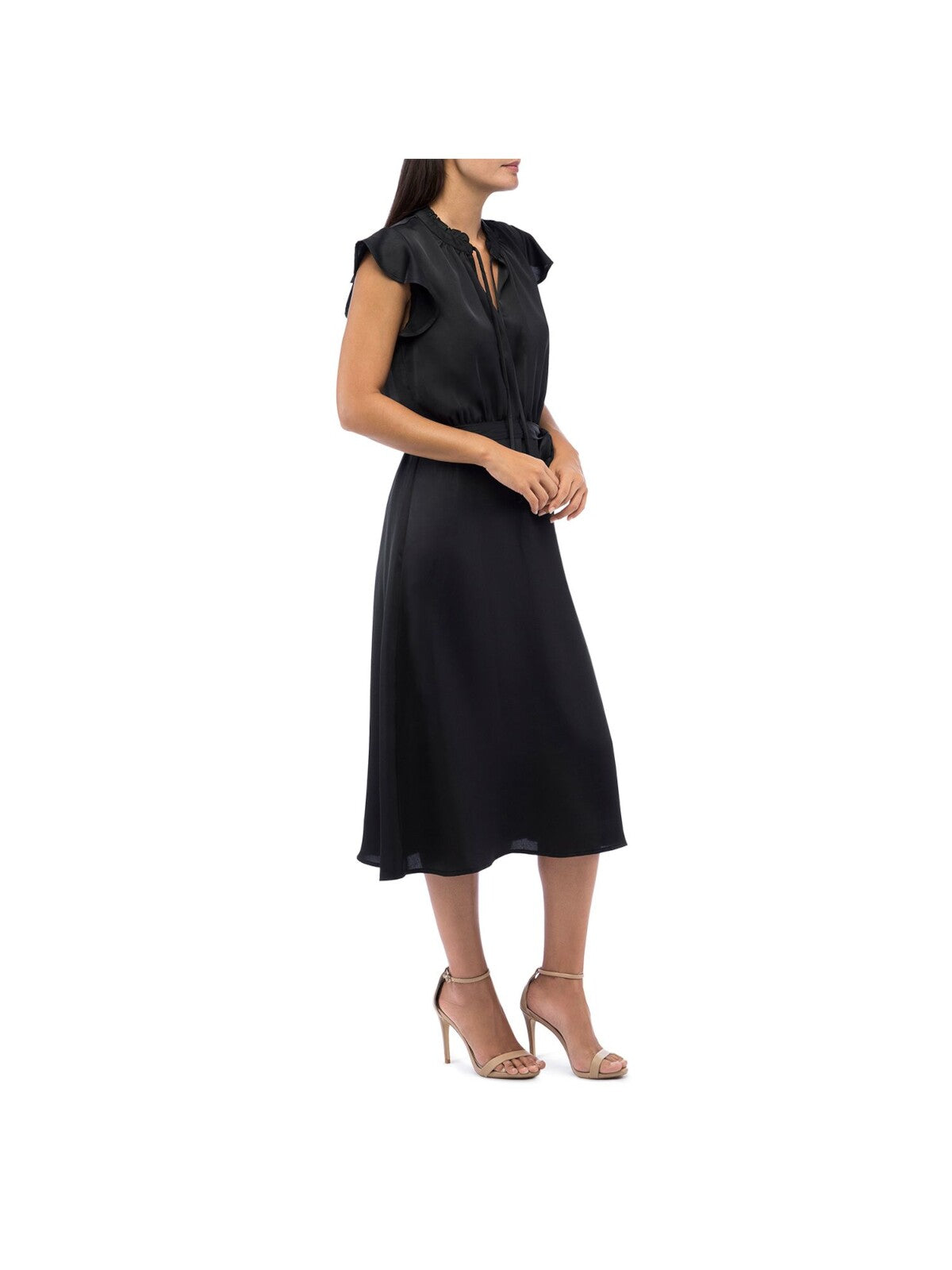 COLLECTION BY BOBEAU Womens Black Ruffled Tie Split V-neck Flutter Sleeve Midi Wear To Work Fit + Flare Dress M