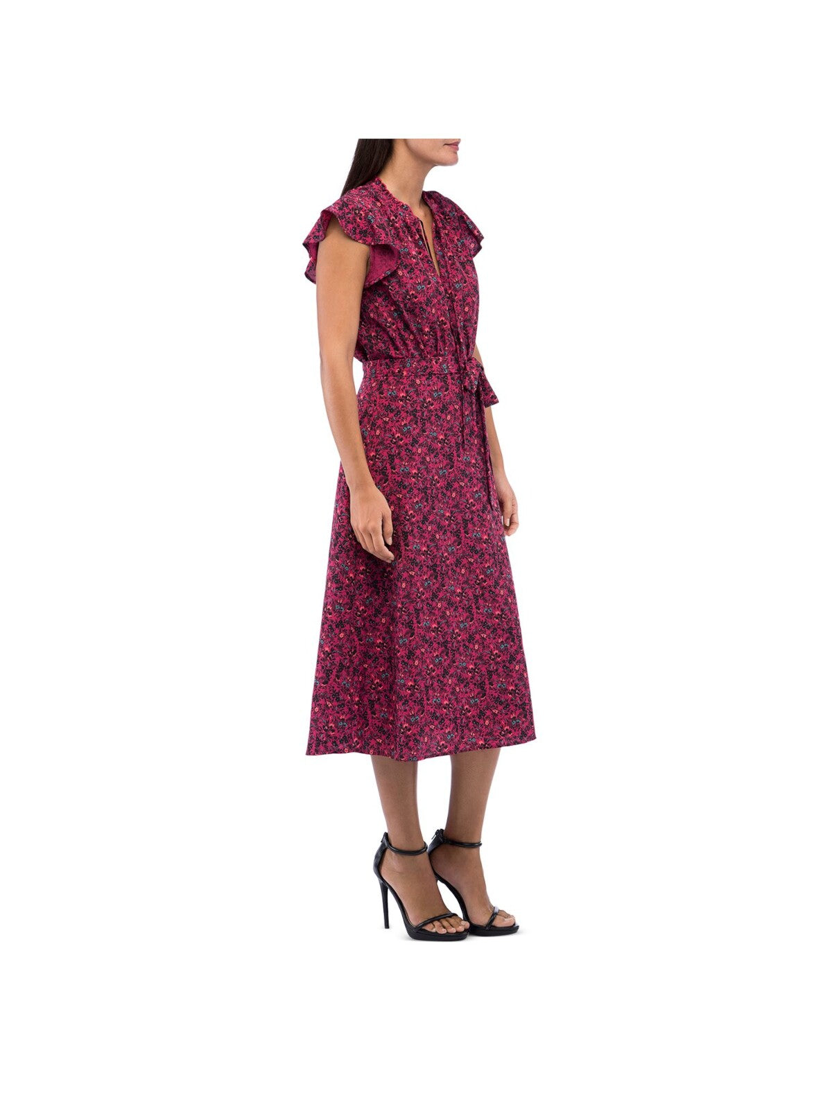 B COLLECTION Womens Pink Ruffled Belted Tie Neck Lined Floral Flutter Sleeve Keyhole Midi Wear To Work Fit + Flare Dress XL
