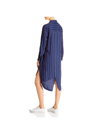 BILLY T Womens Navy Pocketed Buttoned Striped Roll-tab Sleeve Collared Below The Knee Shirt Dress M