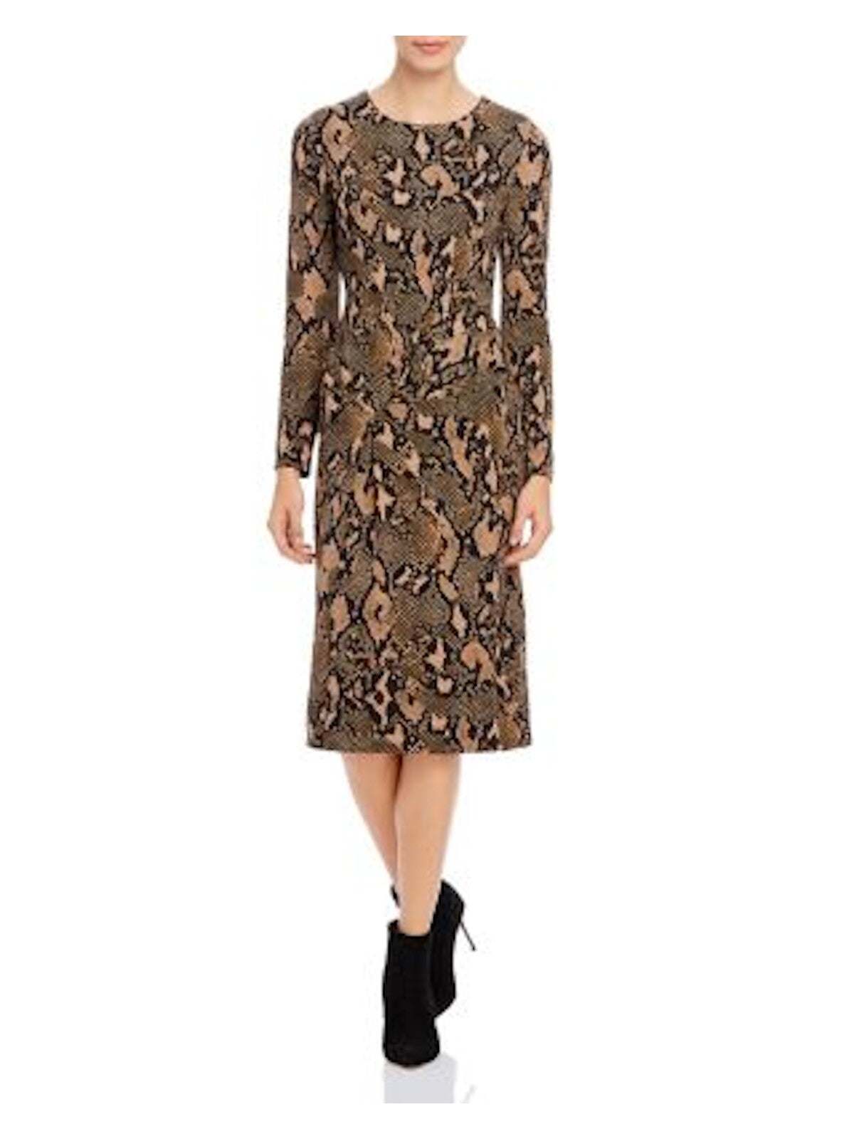 DONNA KARAN Womens Brown Printed Long Sleeve Tea-Length Shift Dress Size: 2