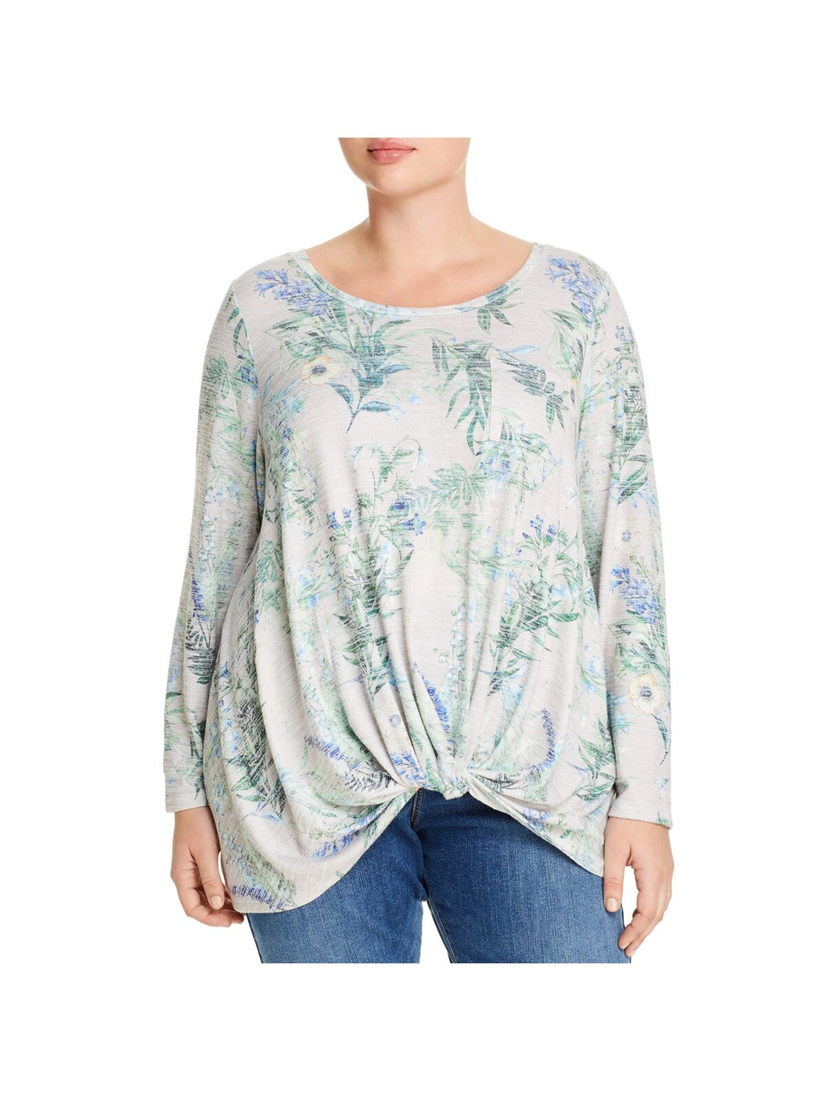 CUPIO BLUSH Womens Beige Stretch Twist Front Pocketed Floral Long Sleeve Round Neck Top Plus 2X