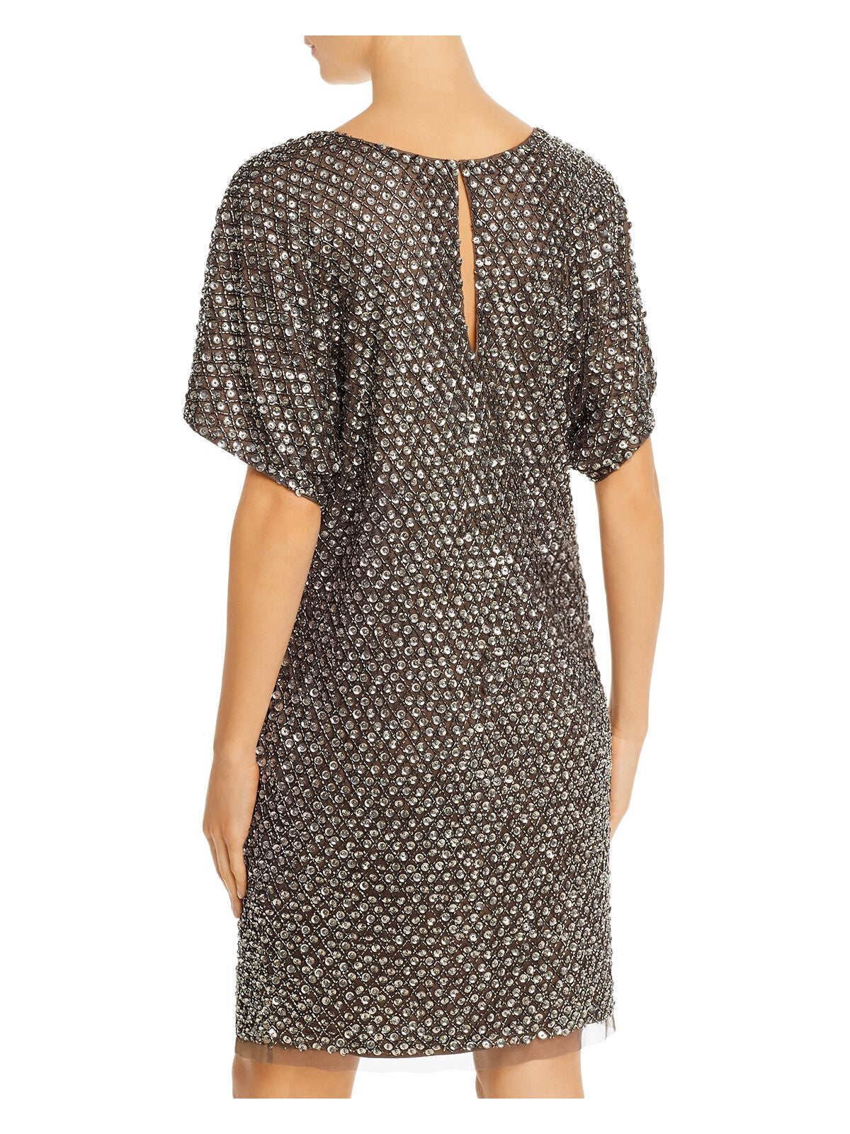 AIDAN MATTOX Womens Silver Beaded Sequined Embellished Metallic Short Sleeve V Neck Above The Knee Party Shift Dress 2