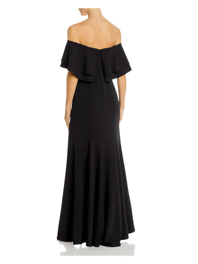 AQUA DRESSES Womens Black Stretch Zippered Slitted Tiered Overlay Flutter Sleeve Off Shoulder Full-Length Formal Gown Dress 0