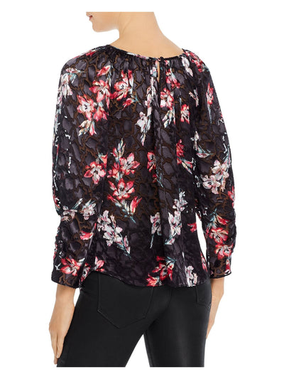 REBECCA TAYLOR Womens Black Sheer Floral Long Sleeve Keyhole Blouse Size: 2
