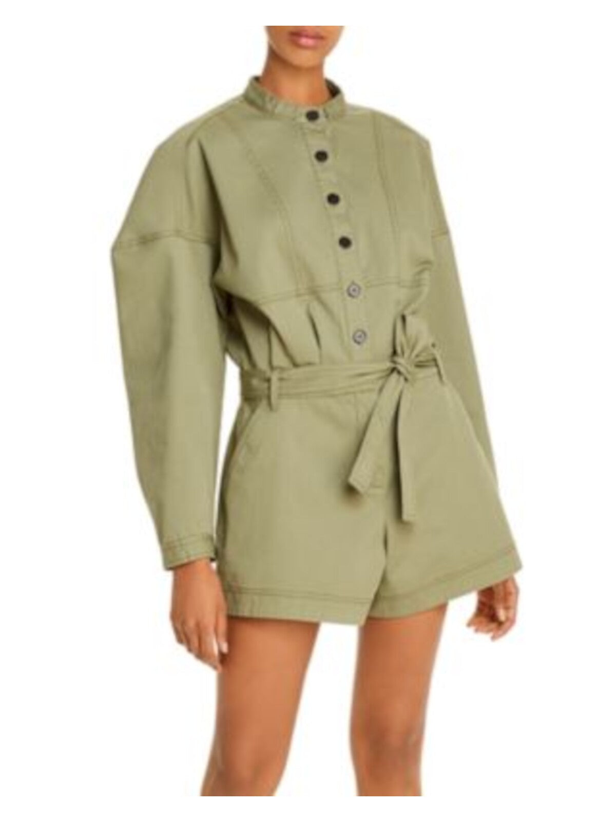 DEREK LAM Womens Green Belted Pocketed Band Collar Utility Cuffed Sleeve Button Up Romper 4