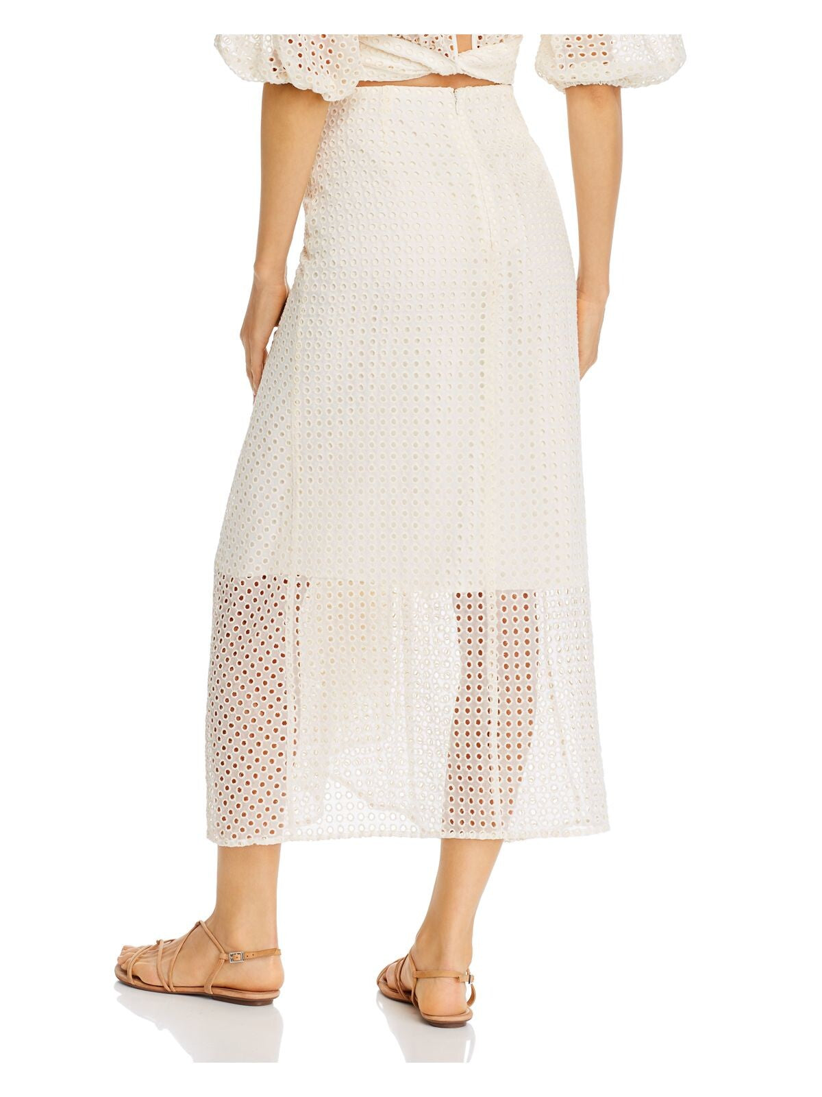 SIGNIFICANT OTHER Womens Ivory Eyelet Embroidered Ruched Cascade Ruffle Midi A-Line Skirt 2