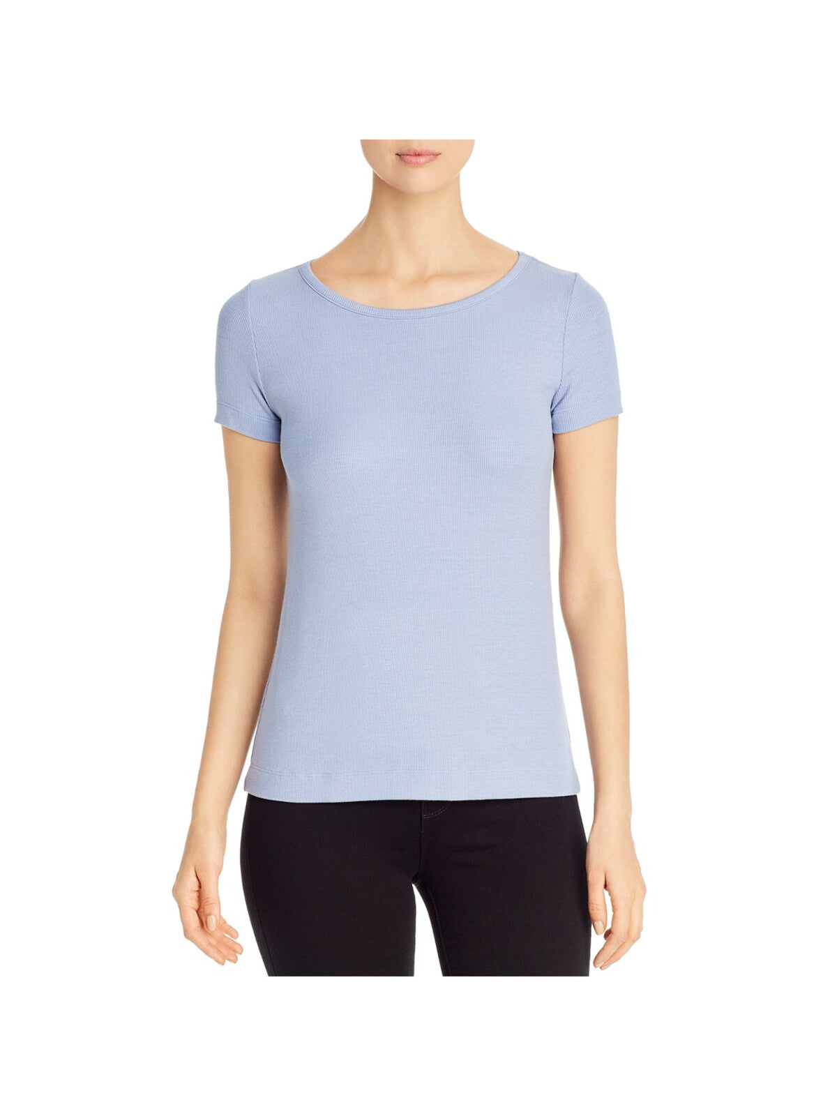 THREE DOTS Womens Blue Stretch Ribbed Semi-fitted Short Sleeve Scoop Neck T-Shirt M