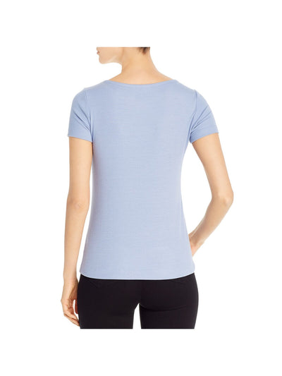 THREE DOTS Womens Light Blue Stretch Ribbed Semi-fitted Short Sleeve Scoop Neck T-Shirt L