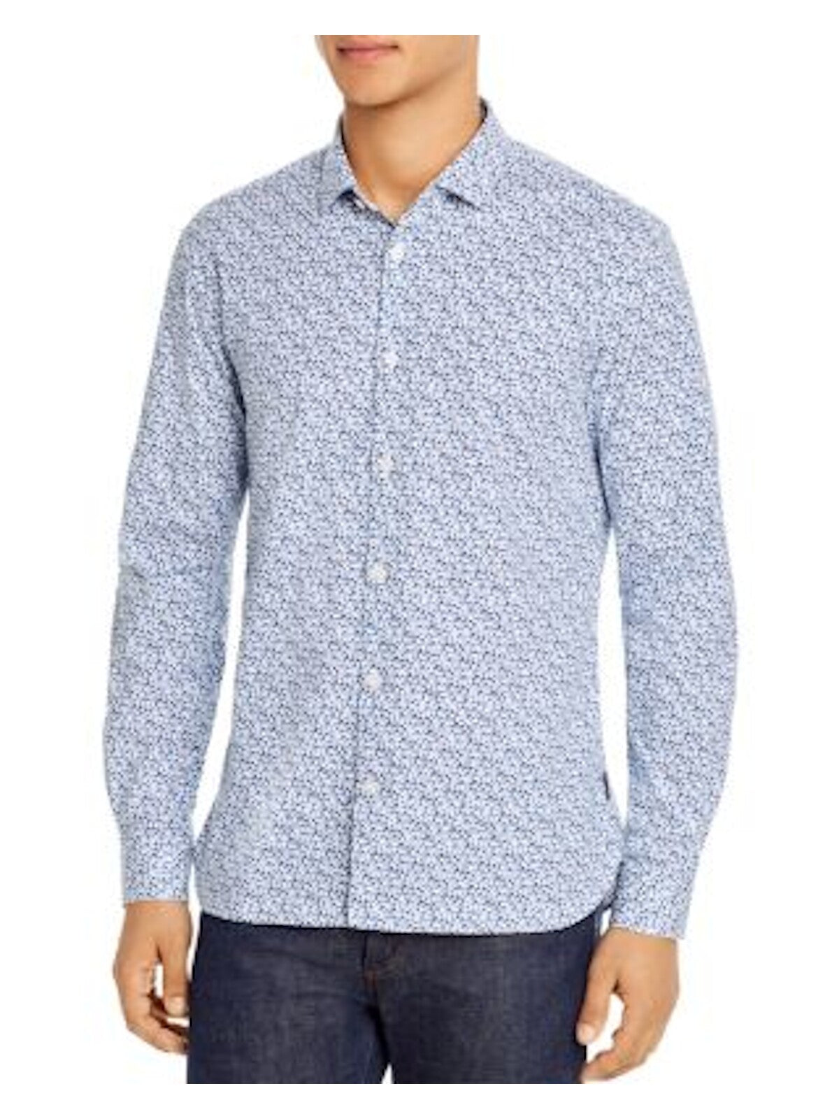 John Varvatos Mens Blue Floral Button Down Cotton Blend Casual Shirt L