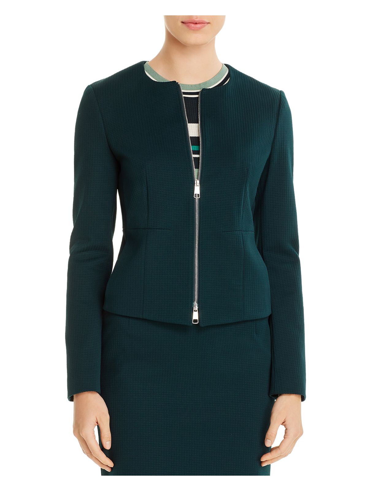 BOSS Womens Green Stretch Zippered Textured Lined Long Sleeve Crew Neck Wear To Work Blazer Jacket 8