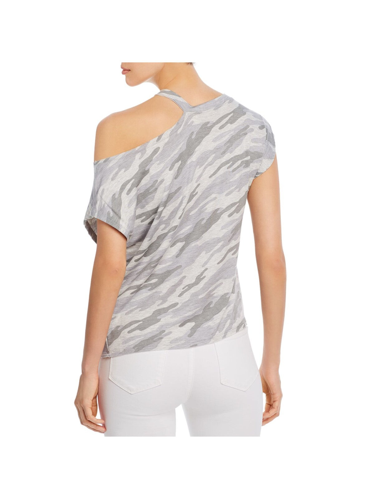 ELAN Womens Gray Stretch Cut Out Camouflage Cap Sleeve Crew Neck Top S