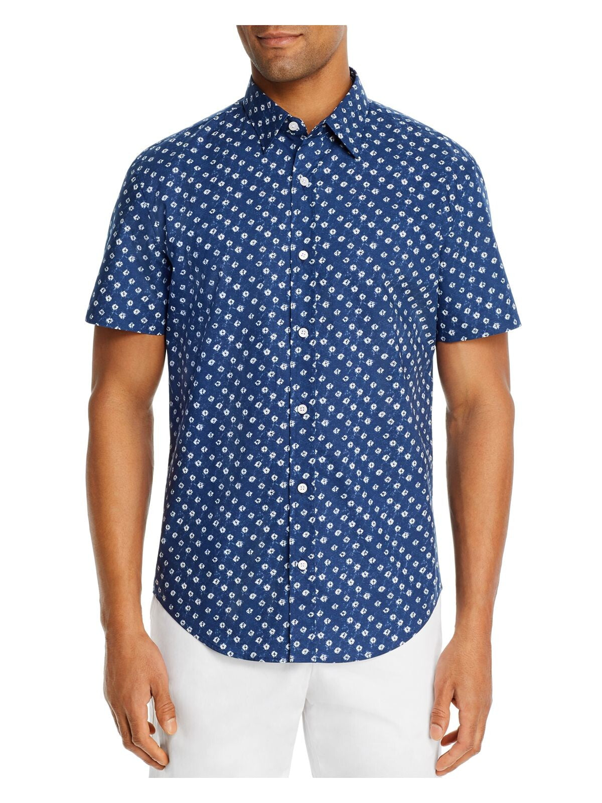 The Mens store Mens Blue Patterned Short Sleeve Classic Fit Button Down Casual Shirt S