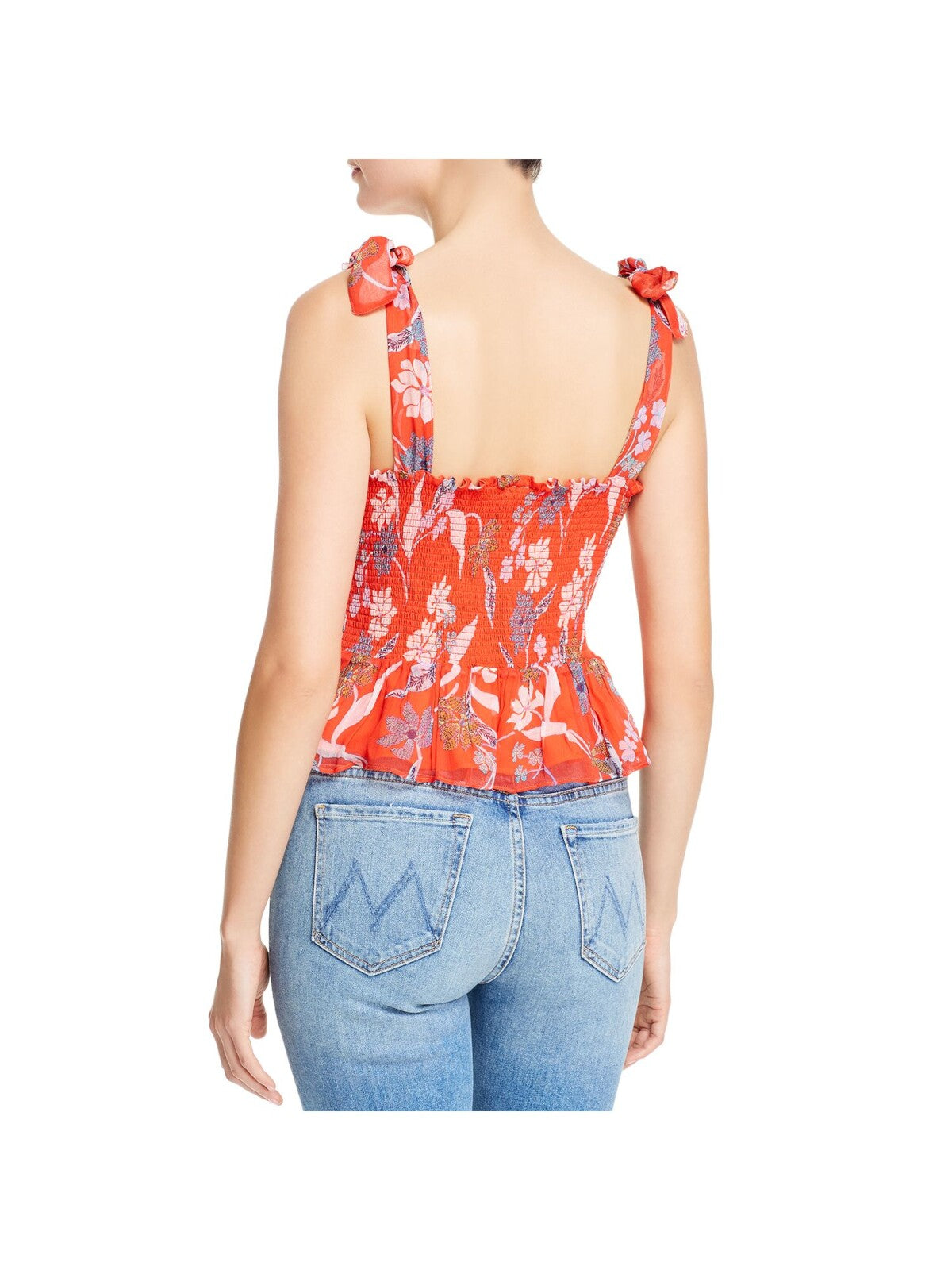 DOLAN Womens Red Stretch Smocked Ruffled Pleated Tank Floral Sleeveless Square Neck Top XS