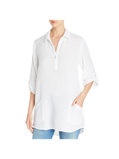 XCVI Womens White Textured Pocketed Roll-tab Sleeve Collared Tunic Top S