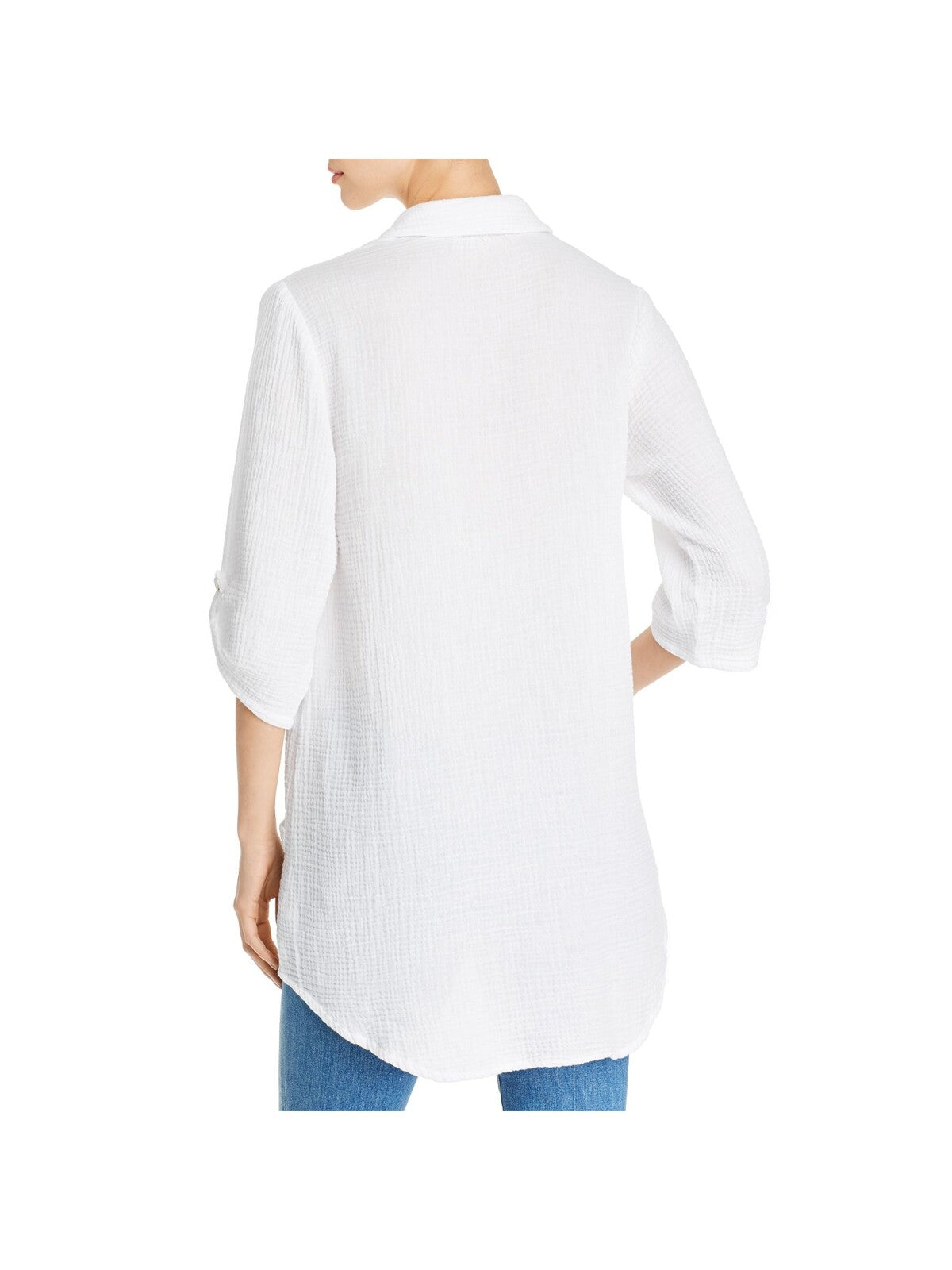XCVI Womens White Textured Pocketed Roll-tab Sleeve Collared Tunic Top S