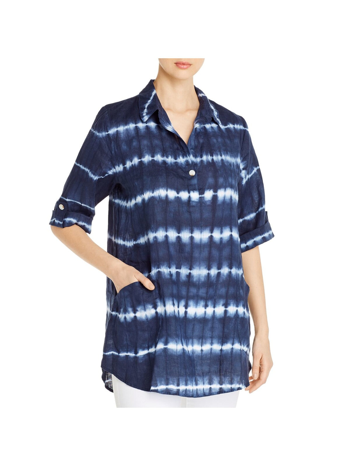 XCVI Womens Blue Pocketed Button Half Placket Curved Hem Printed Roll-tab Sleeve Collared Tunic Top S