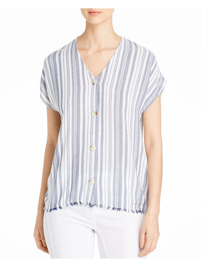 XCVI Womens White Woven Frayed Striped Cap Sleeve V Neck Button Up Top L