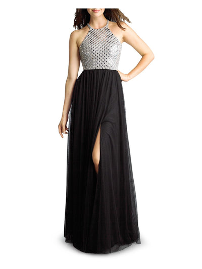 Basix Womens Black Embellished Sheer Mirrored Sleeveless Halter Full-Length Formal Fit + Flare Dress 2
