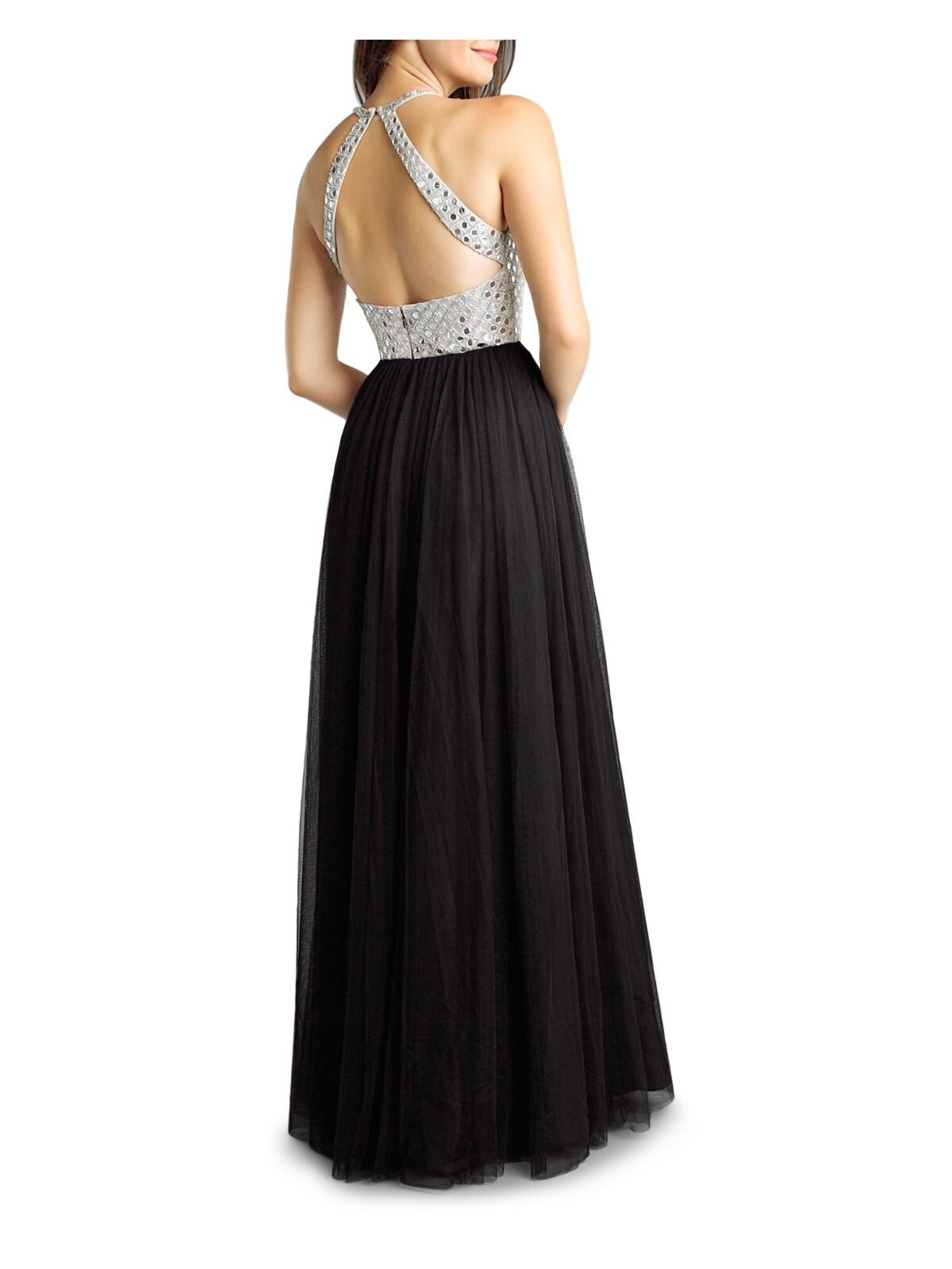 Basix Womens Black Embellished Sheer Mirrored Sleeveless Halter Full-Length Formal Fit + Flare Dress 2