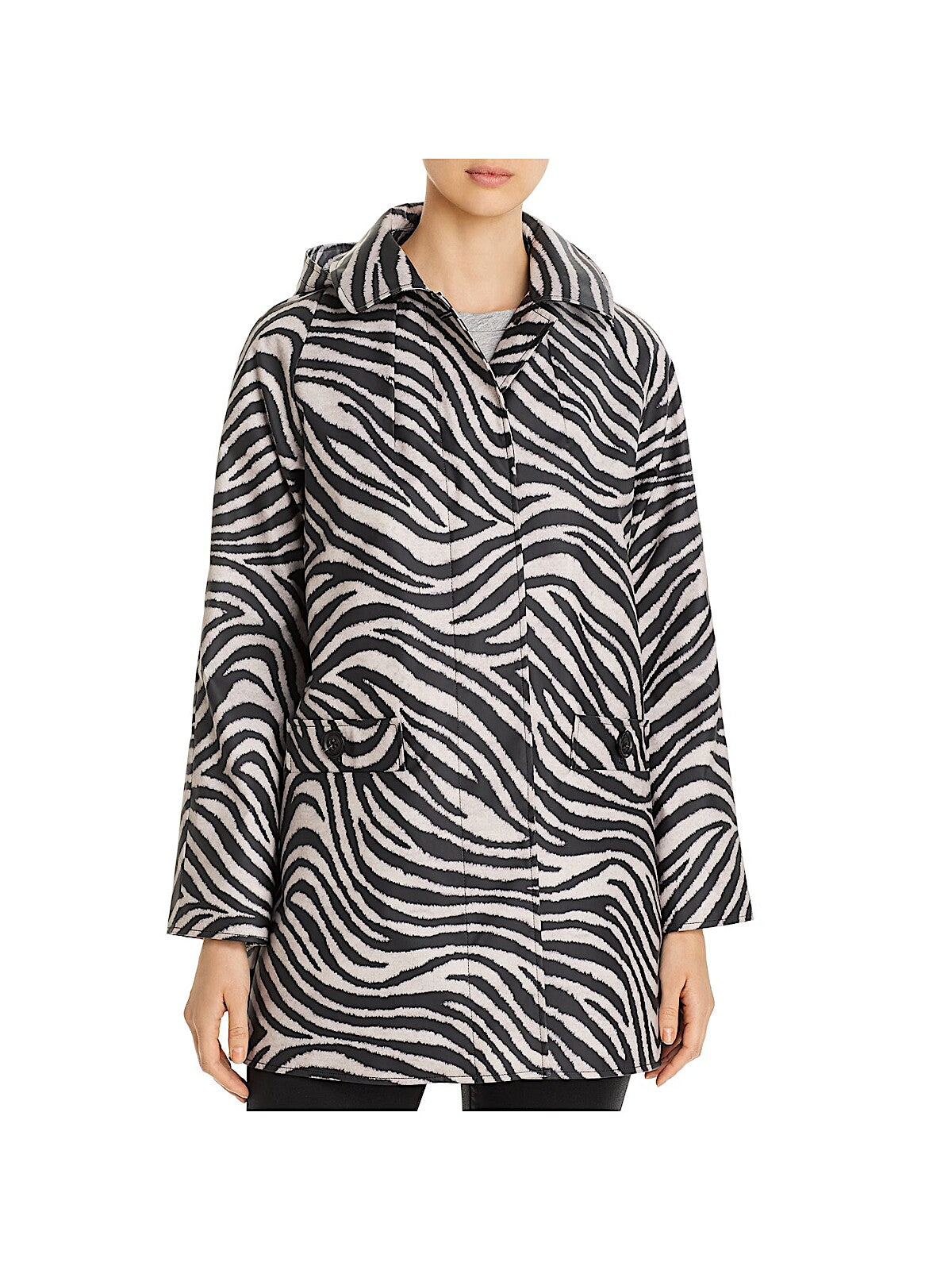 JANE POST Womens Black Hooded Button Placket Swing Animal Print Coat Size: XL
