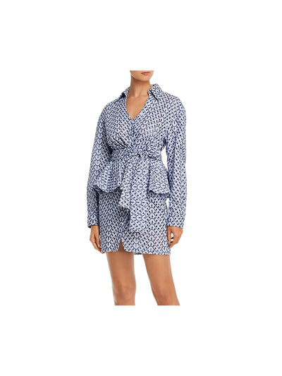 DEREK LAM 10 CROSBY Womens Blue Ruffled Tie Eyelet  Embroidered Button Printed Cuffed Sleeve Collared Mini Party Peplum Dress 4