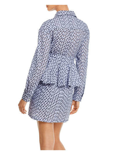 DEREK LAM 10 CROSBY Womens Blue Ruffled Tie Eyelet  Embroidered Button Printed Cuffed Sleeve Collared Mini Party Peplum Dress 4