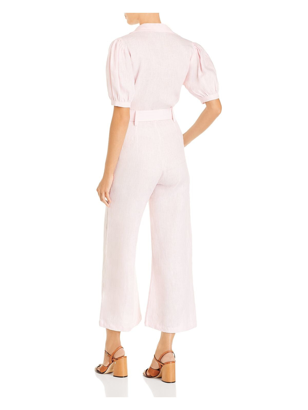 FAITHFULL THE BRAND Womens Pink Belted Pleated Button Front Short Sleeve Collared Jumpsuit L