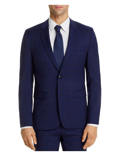 HUGO BOSS Mens Blue Single Breasted, Multi-Check Extra Slim Fit Wool Blend Suit Separate Blazer Jacket 44R