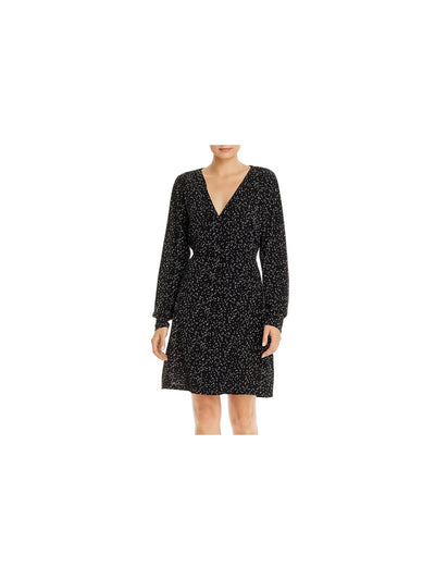 VERO MODA Womens Black Stretch Printed Long Sleeve V Neck Above The Knee Party Faux Wrap Dress M