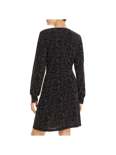 VERO MODA Womens Black Stretch Printed Long Sleeve V Neck Above The Knee Party Faux Wrap Dress M