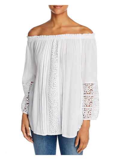 ALISON ANDREWS Womens White Stretch Smocked Embroidered Pleated Long Sleeve Off Shoulder Top S