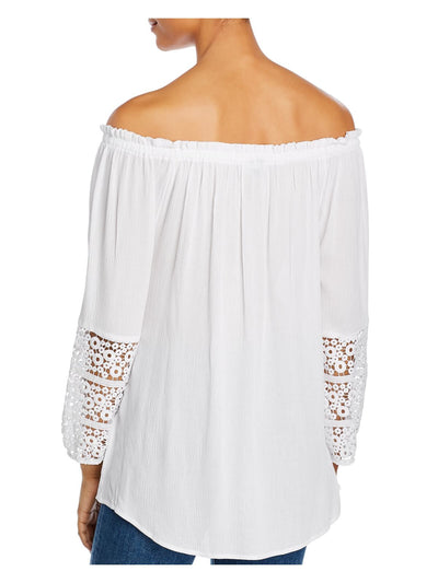 ALISON ANDREWS Womens White Stretch Smocked Embroidered Pleated Long Sleeve Off Shoulder Top S