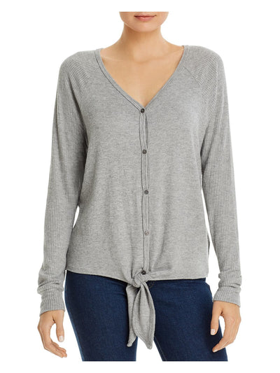 THREE DOTS Womens Gray Tie Front Long Sleeve V Neck Button Up Sweater Size: XS