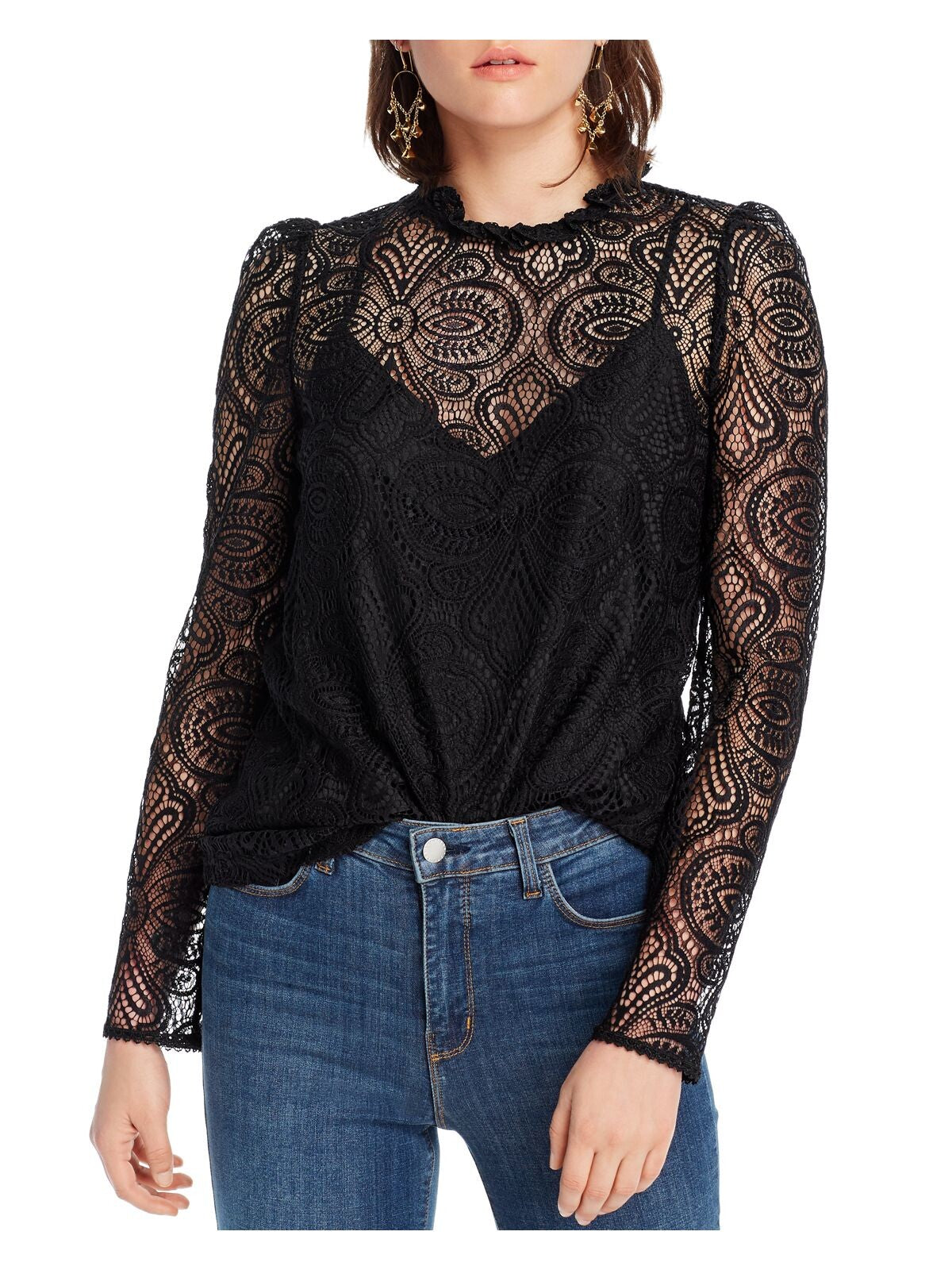 LINI Womens Black Crochet Top With Mock Neck Long Sleeve Top Size: XS