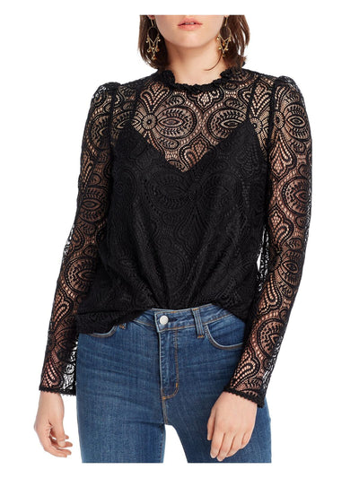 LINI Womens Black Crochet Top With Mock Neck Long Sleeve Top Size: S