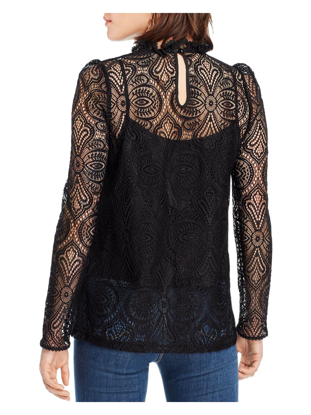 LINI Womens Black Crochet Top With Mock Neck Long Sleeve Top Size: S