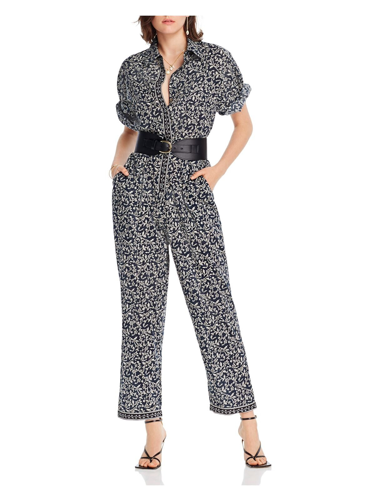 LINI Womens Navy Floral Collared Button Up Straight leg Jumpsuit S