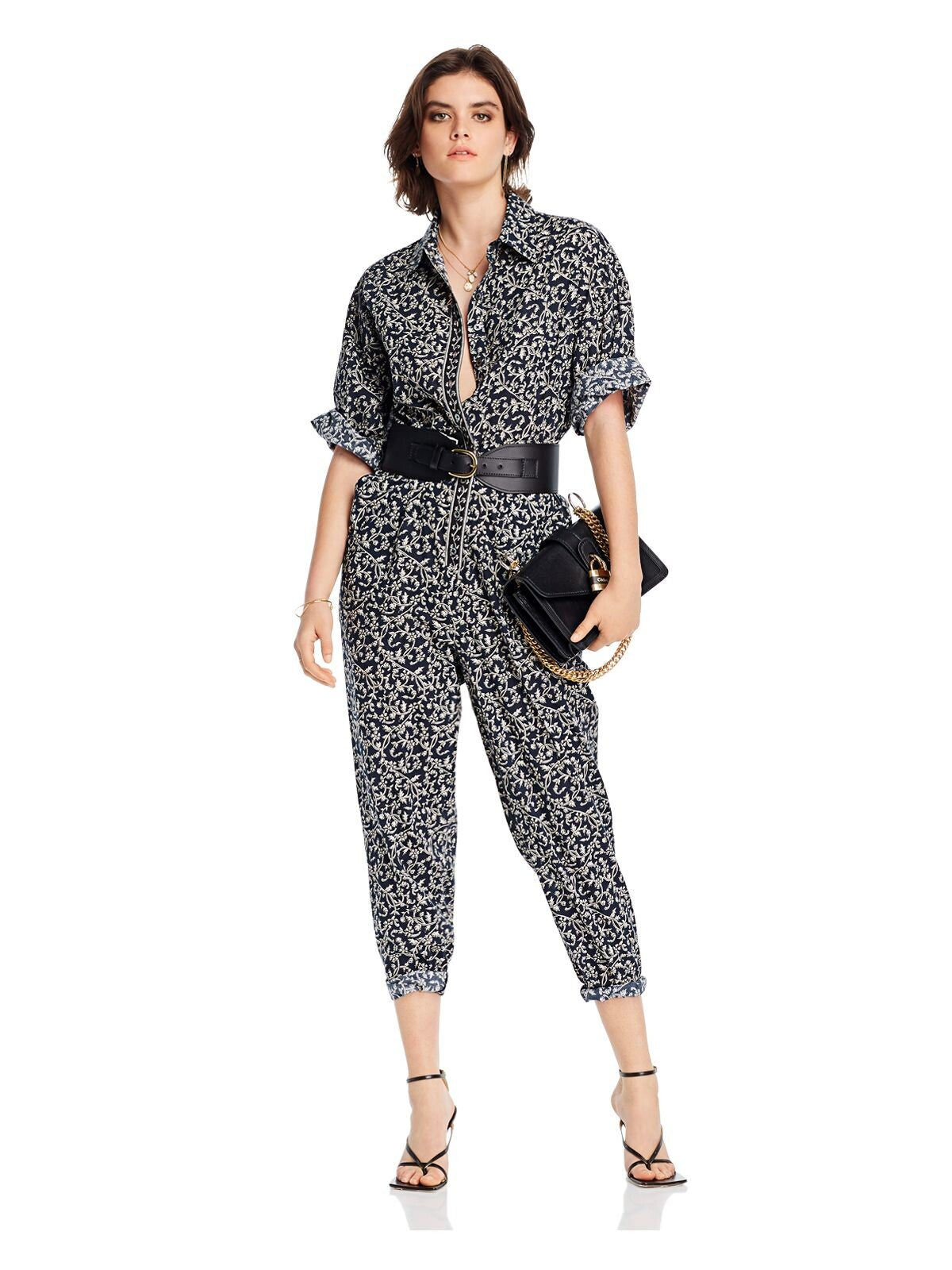 LINI Womens Navy Floral Collared Button Up Straight leg Jumpsuit S
