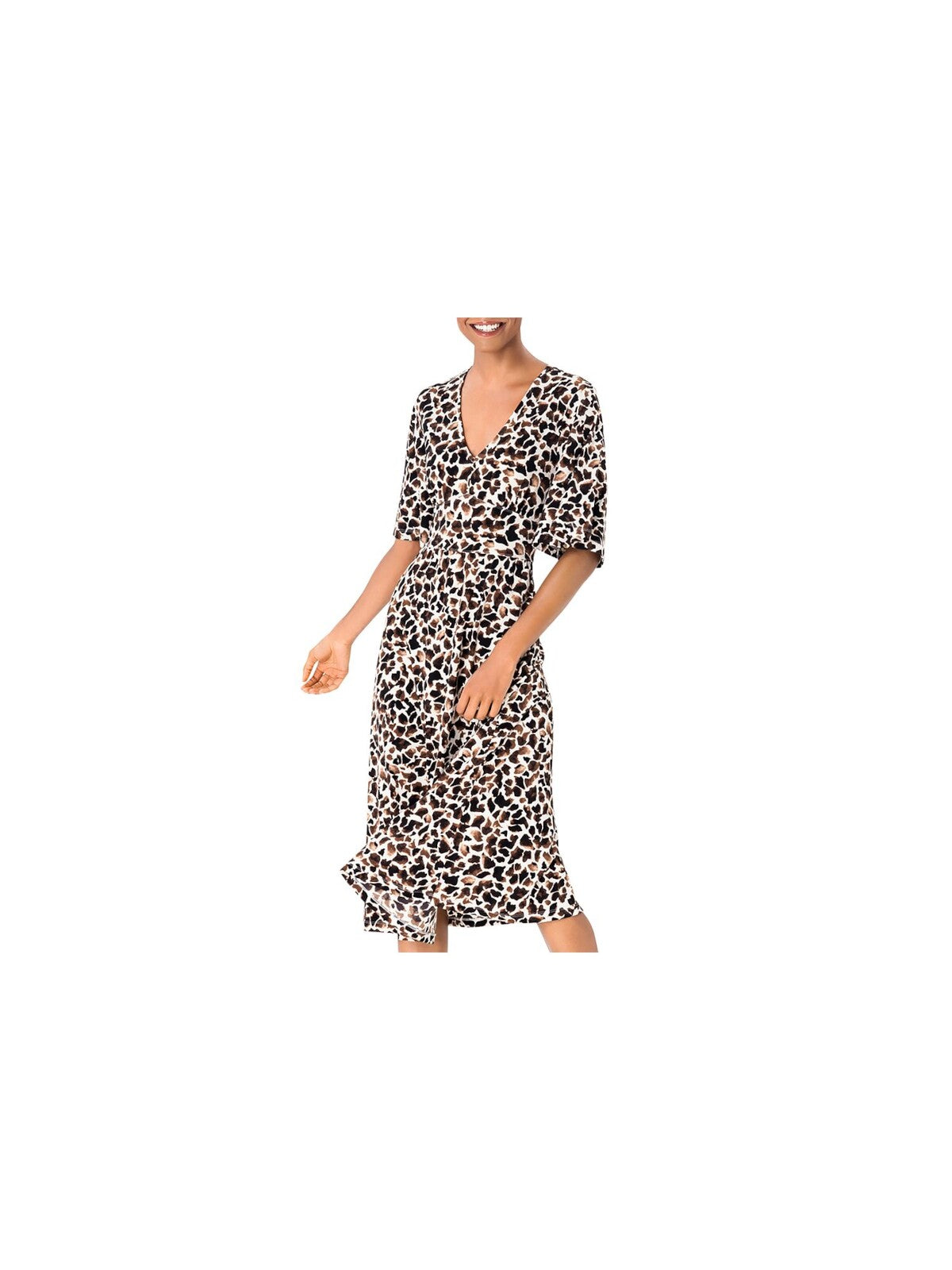 LEOTA Womens Brown Animal Print Flutter Sleeve V Neck Midi Fit + Flare Dress XS