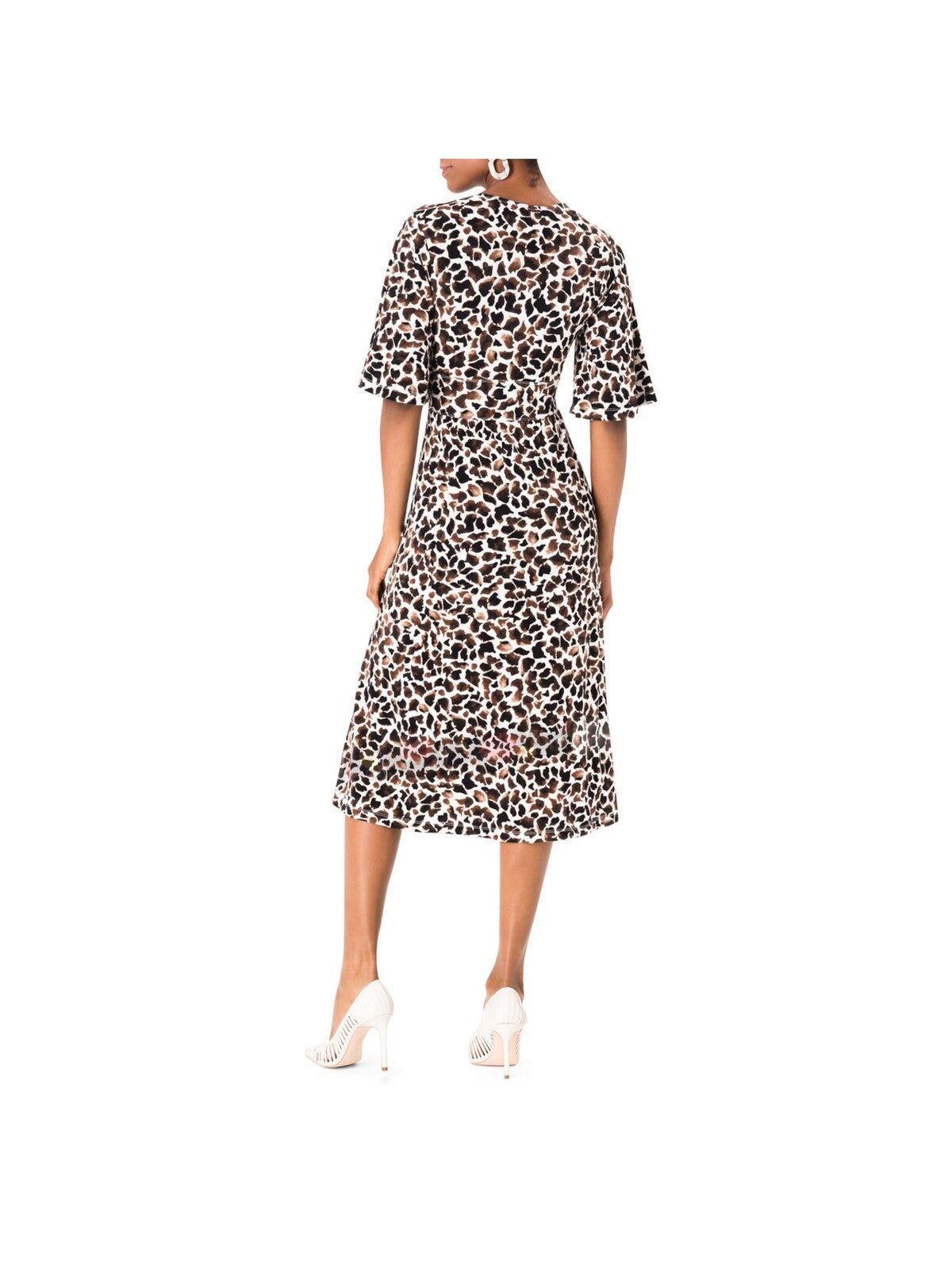 LEOTA Womens Brown Animal Print Flutter Sleeve V Neck Midi Fit + Flare Dress XS