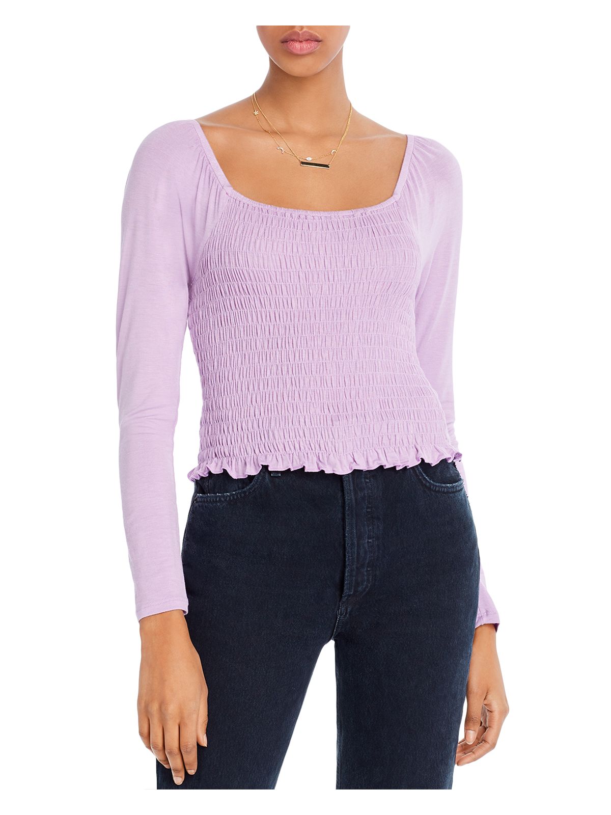 AQUA Womens Purple Gathered Long Sleeve Scoop Neck Crop Top Size: XS