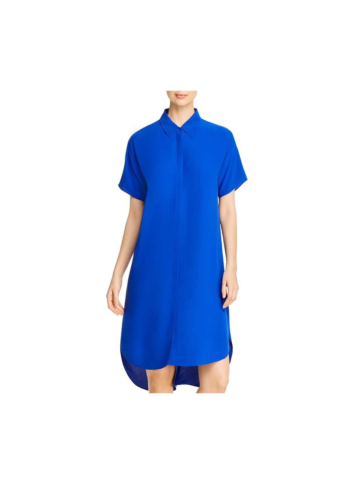 EILEEN FISHER Womens Blue Short Sleeve Point Collar Midi Shirt Dress XXS